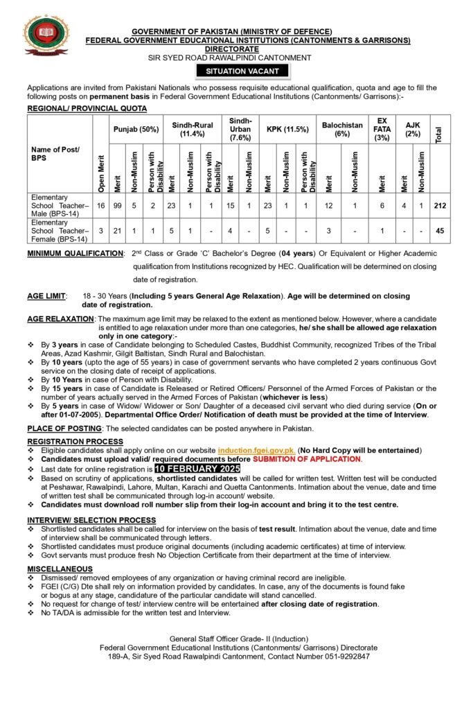 Advertisement of Elementary School Teacher Jobs at FGEI