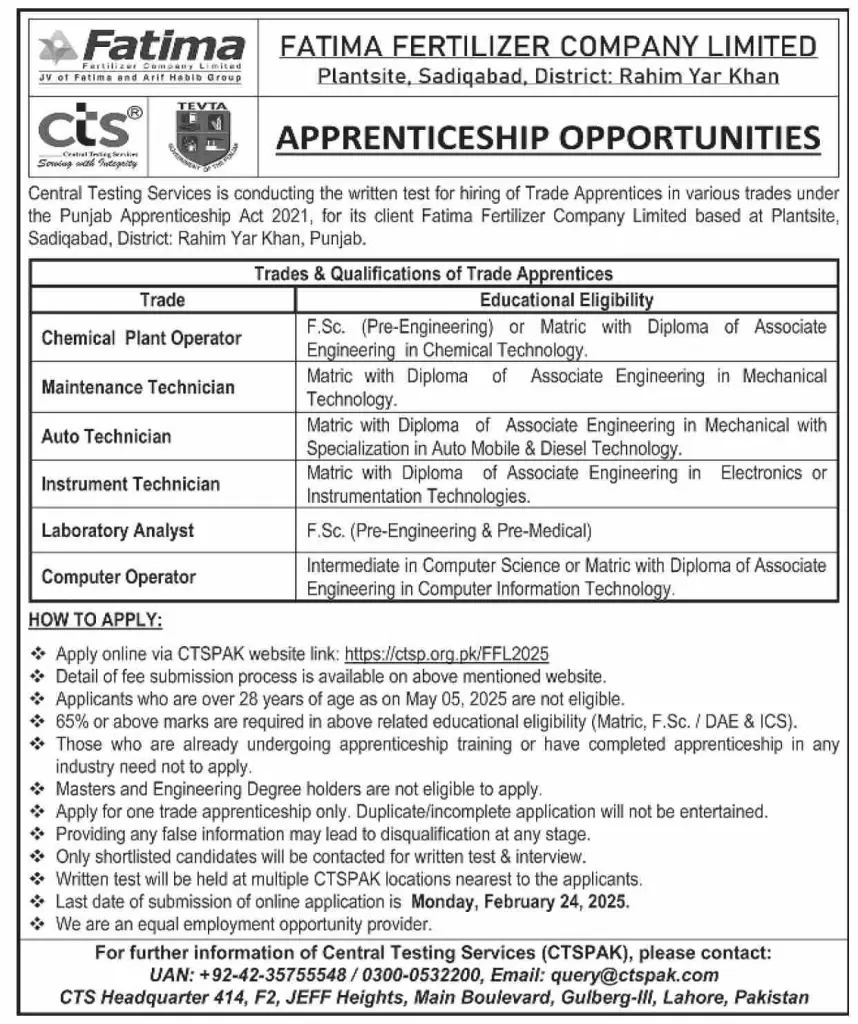 Advertisement of Fatima Fertilizer Apprenticeship Jobs